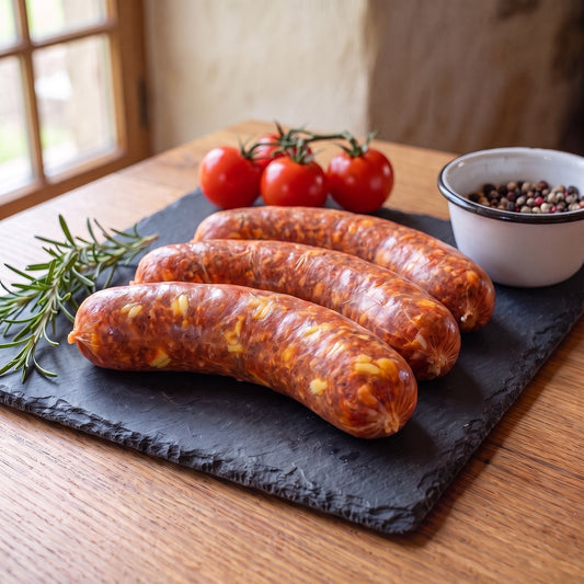 Chilli-Cheese-Griller vom Gäu-Weideschwein, Nahaufnahme der Käsestücke in der Wurstfüllung auf Schiefer