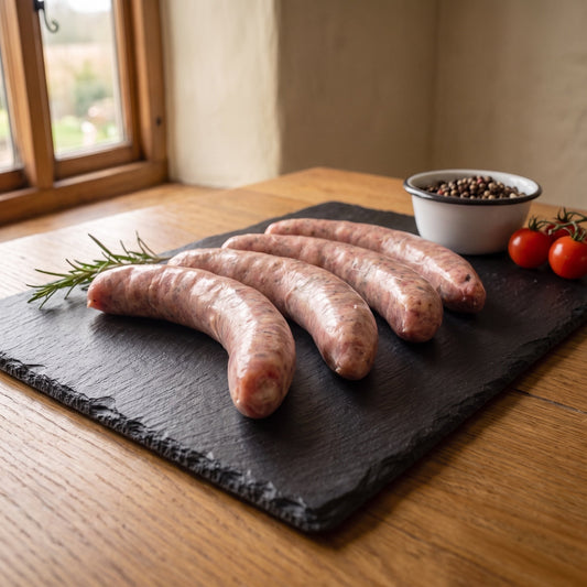 Gin-Griller vom Gäu-Weideschwein, Nahaufnahme der vier Würste mit grober Füllung auf Schiefer