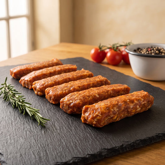 Cevapcici vom Gäu-Weideschwein, Nahaufnahme der groben Hackfleischmasse auf Schiefer