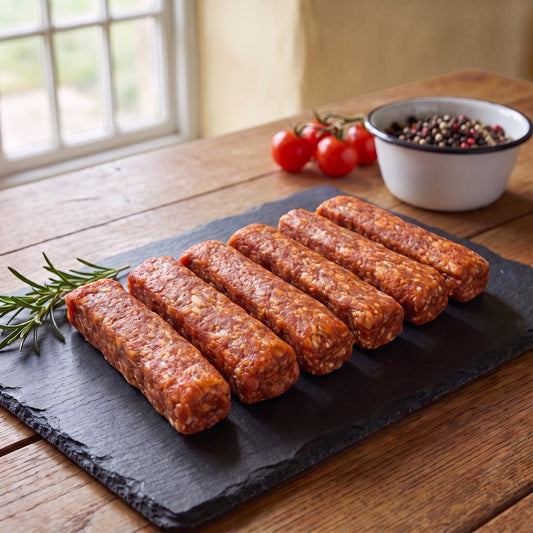 Cevapcici vom Gäu-Weideschwein, sechs rohe Hackfleischröllchen auf einer Schieferplatte