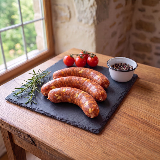 Chilli-Cheese-Griller vom Gäu-Weideschwein, drei rohe Griller mit sichtbaren Käsestücken auf einer Schieferplatte