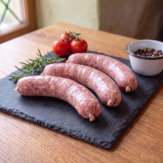 Frische Bratwurst vom Gäu-Weideschwein, Nahaufnahme der drei Würste mit sichtbaren Fettstücken auf Schiefer