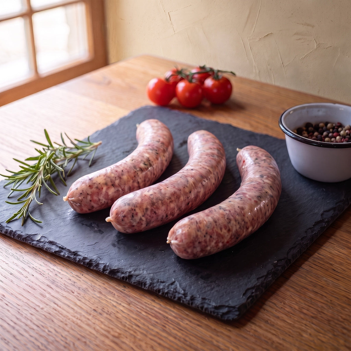Frische Bratwurst vom Gäu-Weideschwein, drei rohe grobe Bratwürste im Naturdarm auf einer Schieferplatte