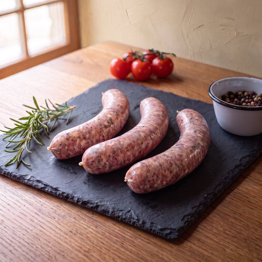 Frische Bratwurst vom Gäu-Weideschwein, drei rohe grobe Bratwürste im Naturdarm auf einer Schieferplatte