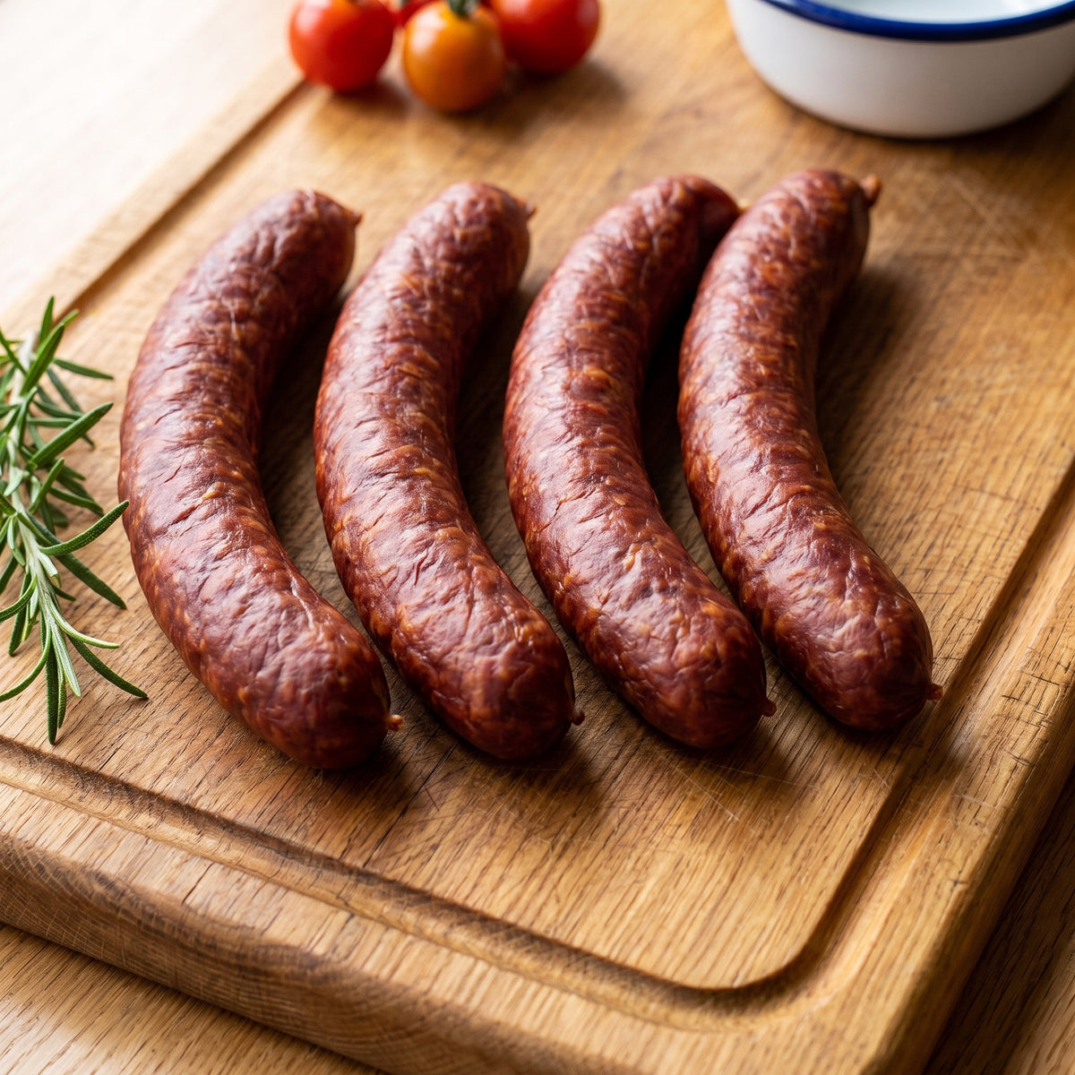 Geräucherte Bratwurst vom Gäu-Weideschwein, Nahaufnahme der vier geräucherten Würste auf einem Eichenbrett