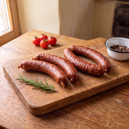 Geräucherte Bratwurst vom Gäu-Weideschwein, vier geräucherte Würste im dunklen Naturdarm auf einem Eichenbrett