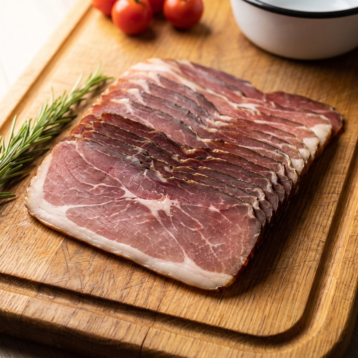 Geräucherter Schinken vom Gäu-Weideschwein, Nahaufnahme der aufgefächerten Scheiben auf einem Eichenbrett