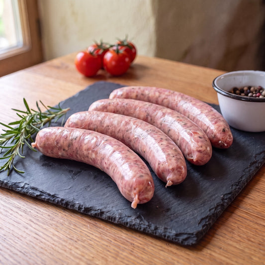 Gin-Griller vom Gäu-Weideschwein, vier rohe Bratwürste im Naturdarm auf einer Schieferplatte