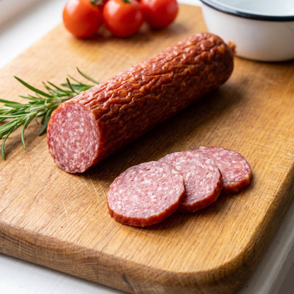 Luftgetrocknete Salami vom Gäu-Weideschwein, Nahaufnahme der Schnittfläche und dreier Scheiben auf einem Eichenbrett
