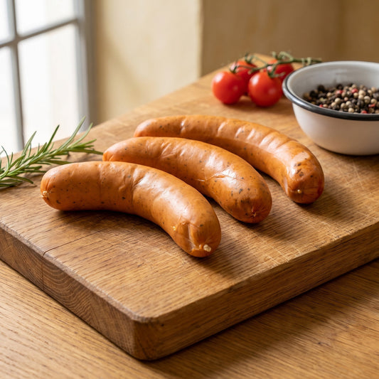Käse Rote vom Gäu-Weideschwein, Nahaufnahme der drei Würste auf einem Eichenbrett