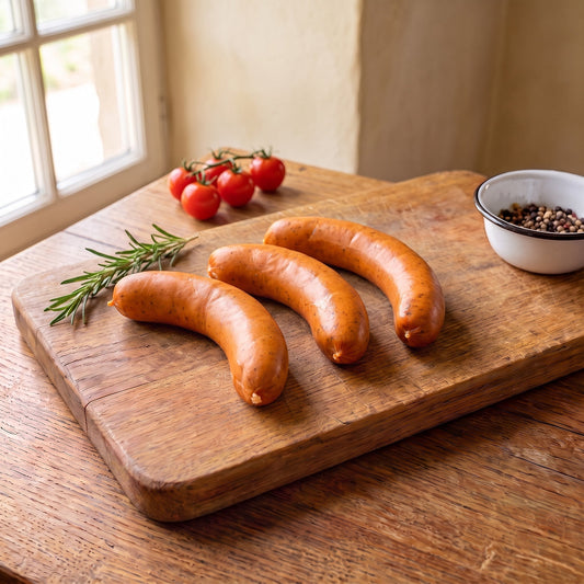 Käse Rote vom Gäu-Weideschwein, drei kurze Brühwürste im orangeroten Darm auf einem Eichenbrett