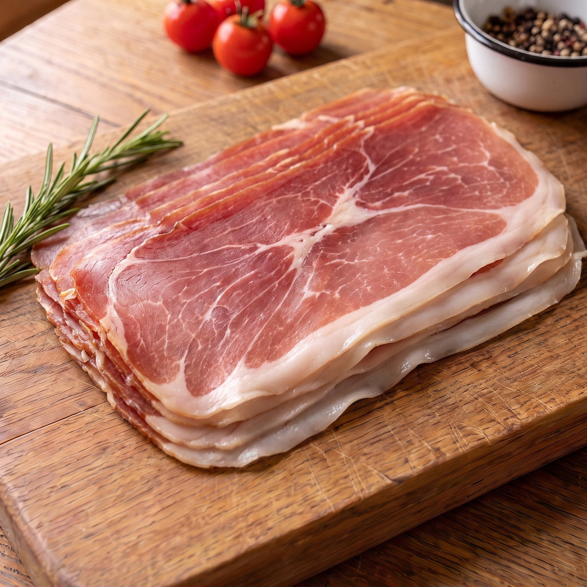 Luftgetrockneter Schinken vom Gäu-Weideschwein, Nahaufnahme der Scheiben mit weißem Fettrand auf einem Eichenbrett