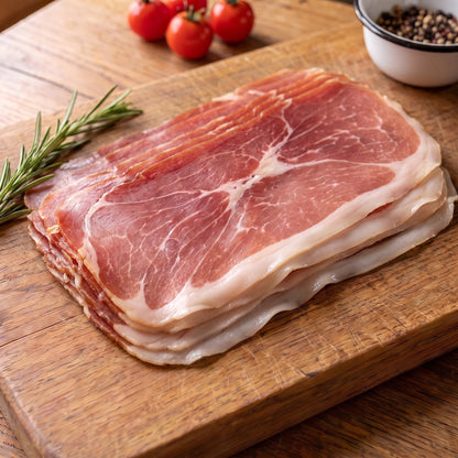 Luftgetrockneter Schinken vom Gäu-Weideschwein, Nahaufnahme der Scheiben mit weißem Fettrand auf einem Eichenbrett