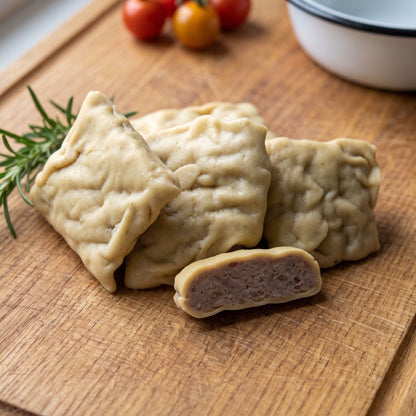 Maultaschen vom Gäu-Weideschwein, Nahaufnahme der Fleischfüllung einer aufgeschnittenen Maultasche