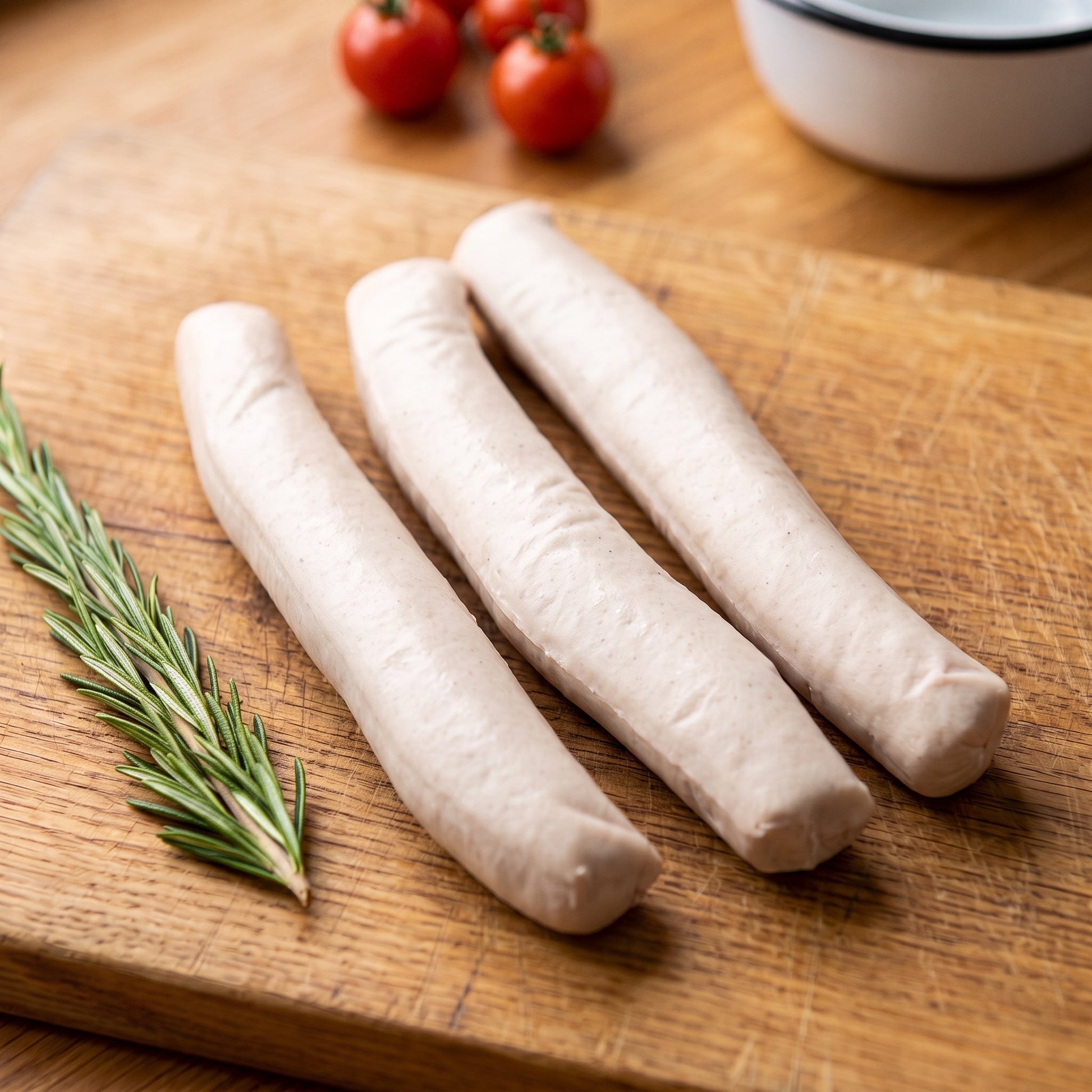 Oberländer Curry-Wurst vom Gäu-Weideschwein, Nahaufnahme der drei hellen Würste auf einem Eichenbrett