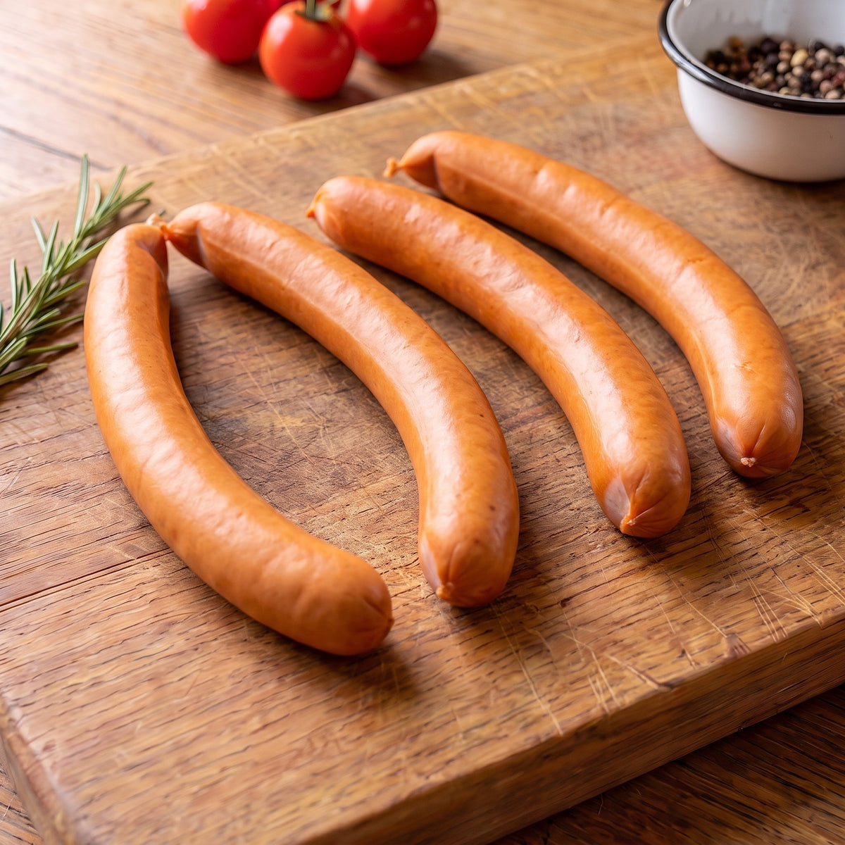 Saitenwurst vom Gäu-Weideschwein, Nahaufnahme der vier Würste auf einem Eichenbrett