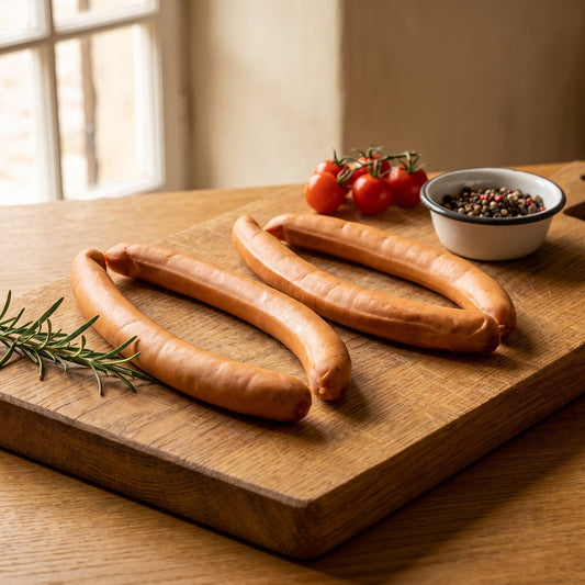 Saitenwurst vom Gäu-Weideschwein, vier lange schlanke Brühwürste auf einem Eichenbrett