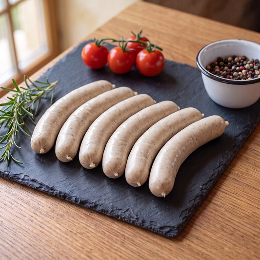 Weiße Grillbratwürstle vom Gäu-Weideschwein, sechs kleine helle Würstchen auf einer Schieferplatte